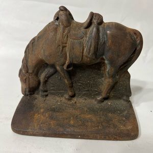 Saddle Horse Western Single Bookend Cast Iron w/ Thick Brass Finish 1930's